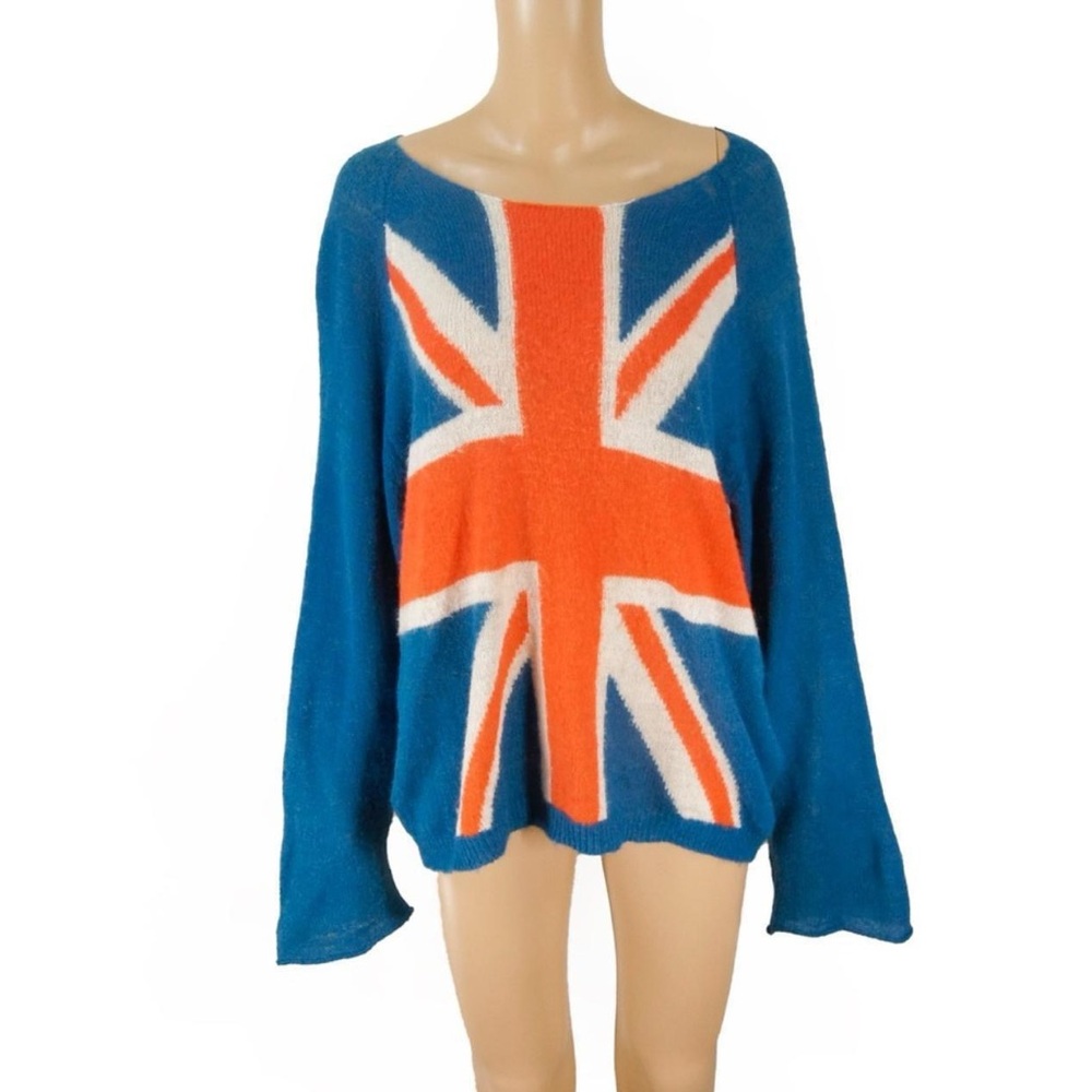 Vintage Wild Fox Indie Union Jack British Flag Knit Wool Pullover Sweater - Picture 1 of 6